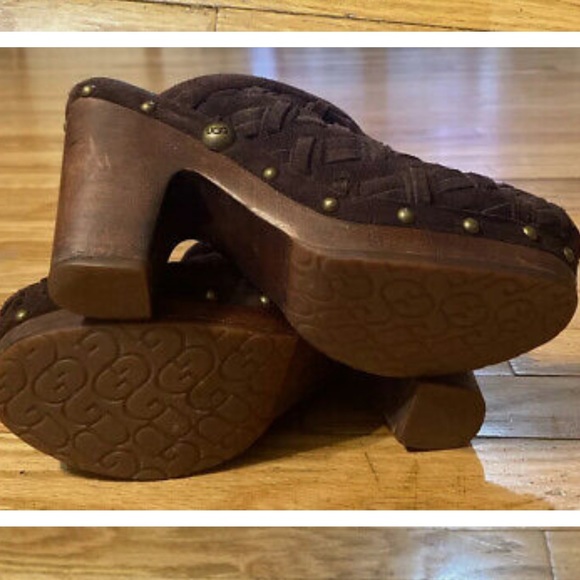 Ugg Womens Brown Woven Leather Clogs Stud Sheepskin Lined Wooden Heel - Picture 2 of 6